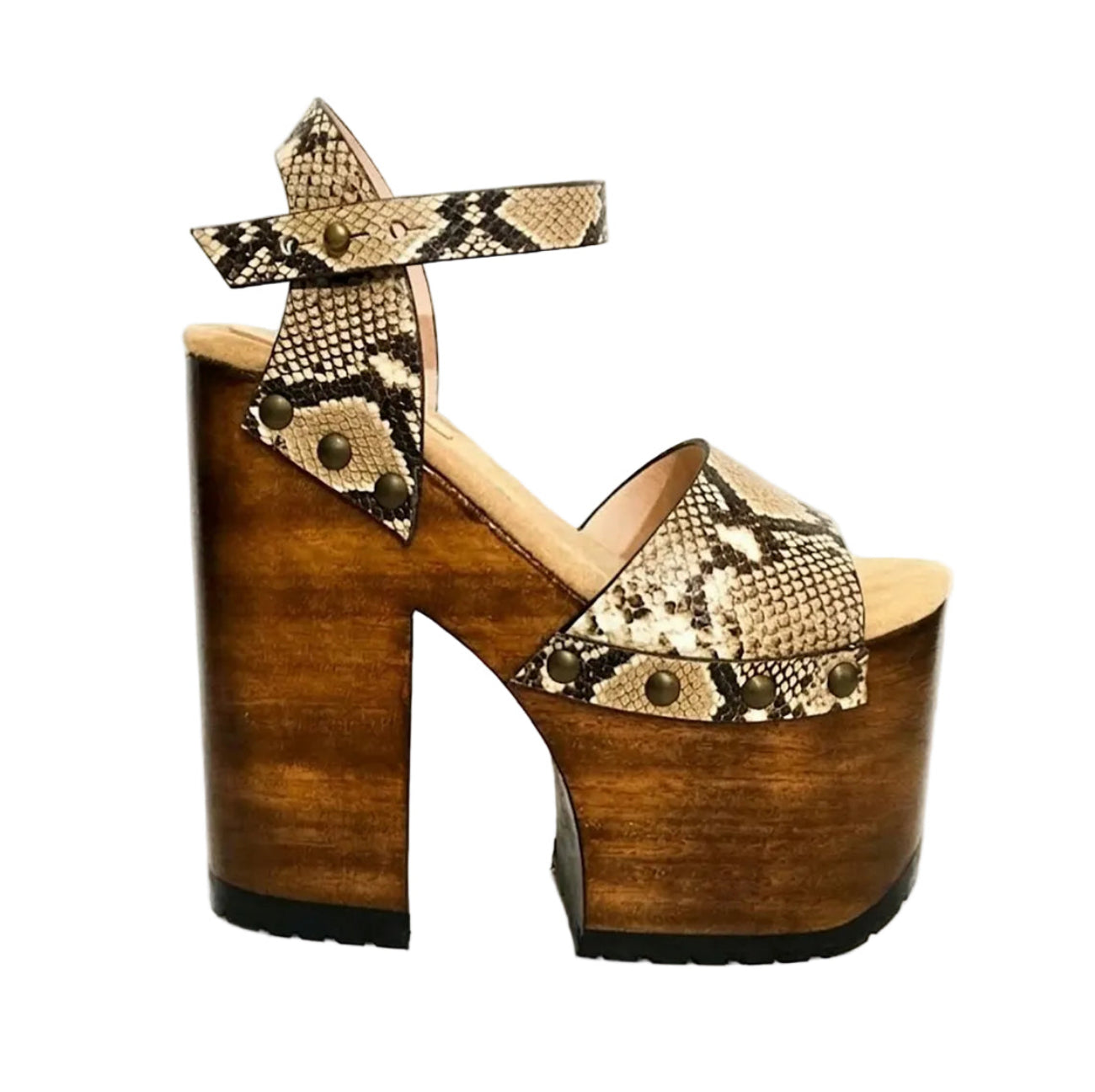 Side view of Crazy Snake Sandals by Sol Caleyo, featuring a 17 cm wooden heel, python print leather, and gold stud details on a white background.