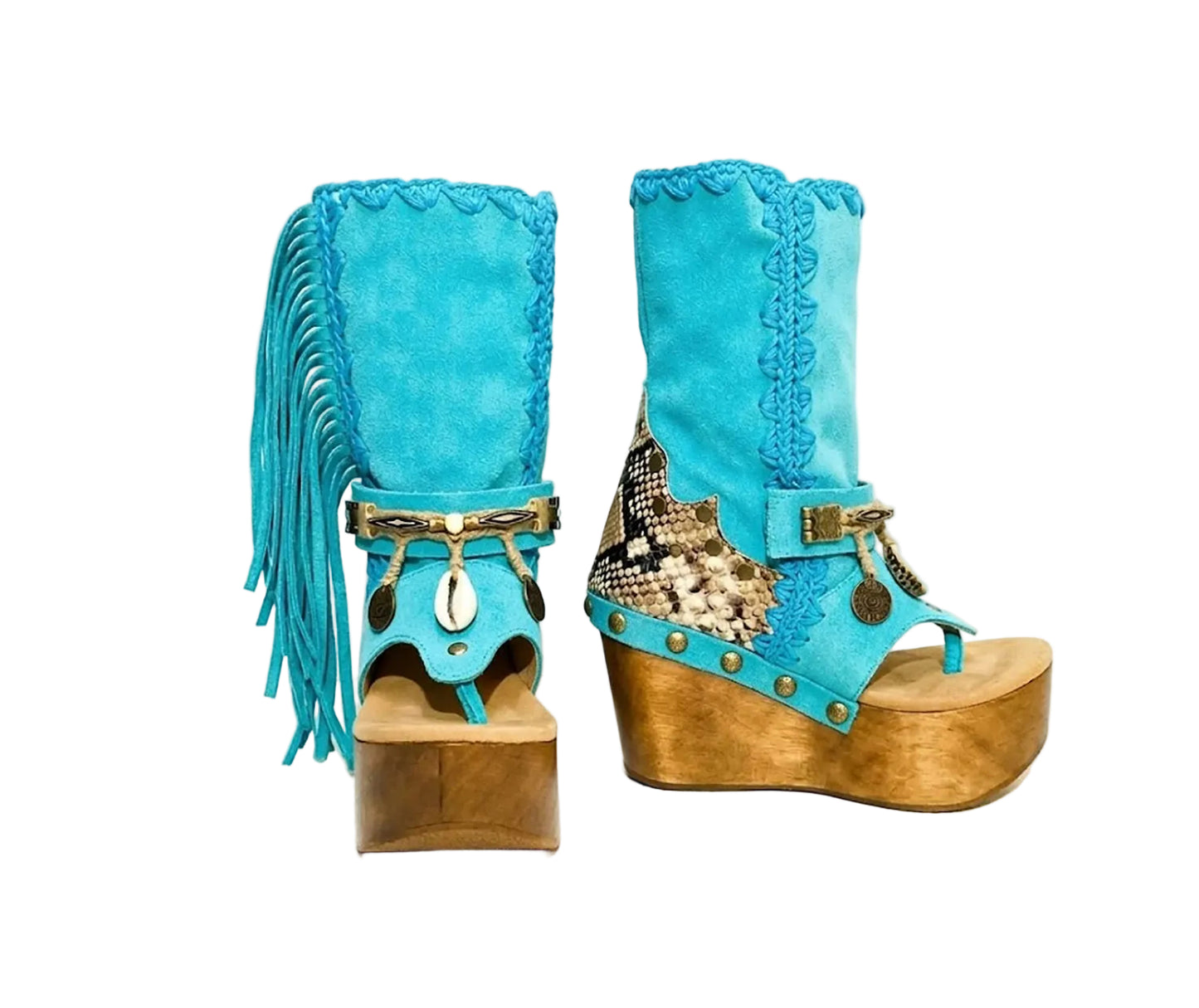 Handmade Atenea Turquoise Flip Flop Boots by Sol Caleyo, featuring vibrant turquoise suede, bohemian fringes, shell embellishments, and a tall wooden platform.