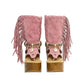 Handmade Atenea Pink Flip Flop Boots by Sol Caleyo, featuring pink suede leather, fringe details, shells, vintage coins, and a high wooden platform sole on a white background