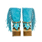 Handmade Atenea Turquoise Flip Flop Boots by Sol Caleyo, featuring vibrant turquoise suede, bohemian fringes, shell embellishments, and a tall wooden platform.