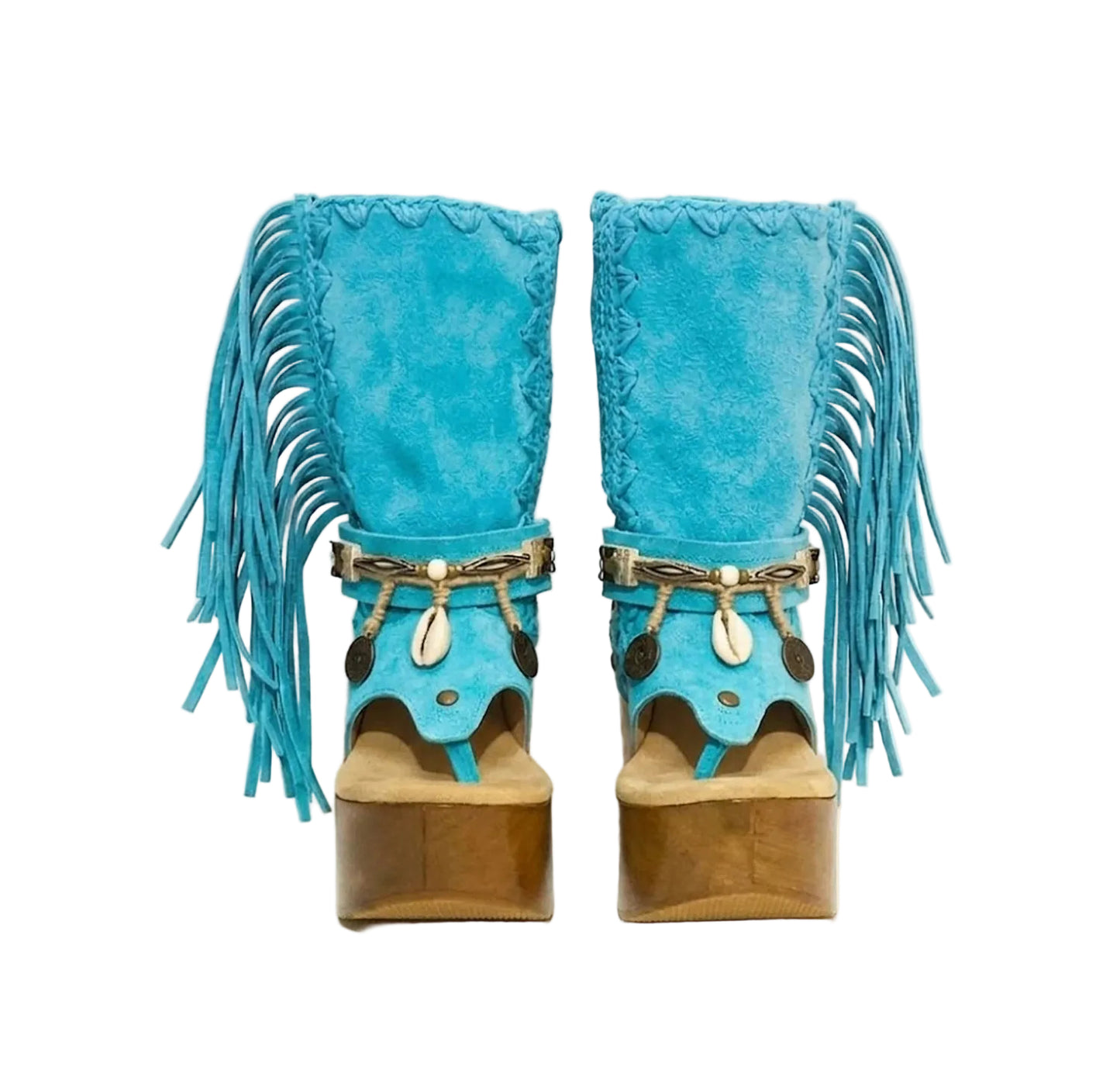 Handmade Atenea Turquoise Flip Flop Boots by Sol Caleyo, featuring vibrant turquoise suede, bohemian fringes, shell embellishments, and a tall wooden platform.