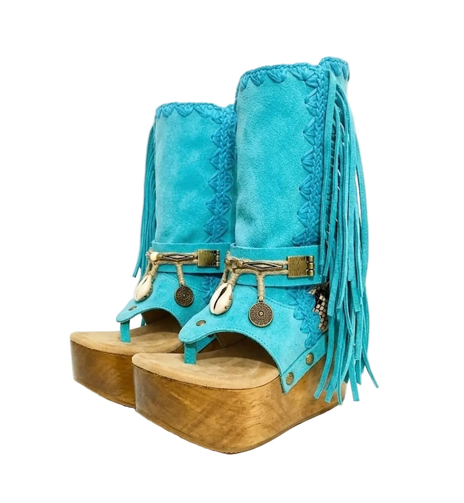 Handmade Atenea Turquoise Flip Flop Boots by Sol Caleyo, featuring vibrant turquoise suede, bohemian fringes, shell embellishments, and a tall wooden platform.
