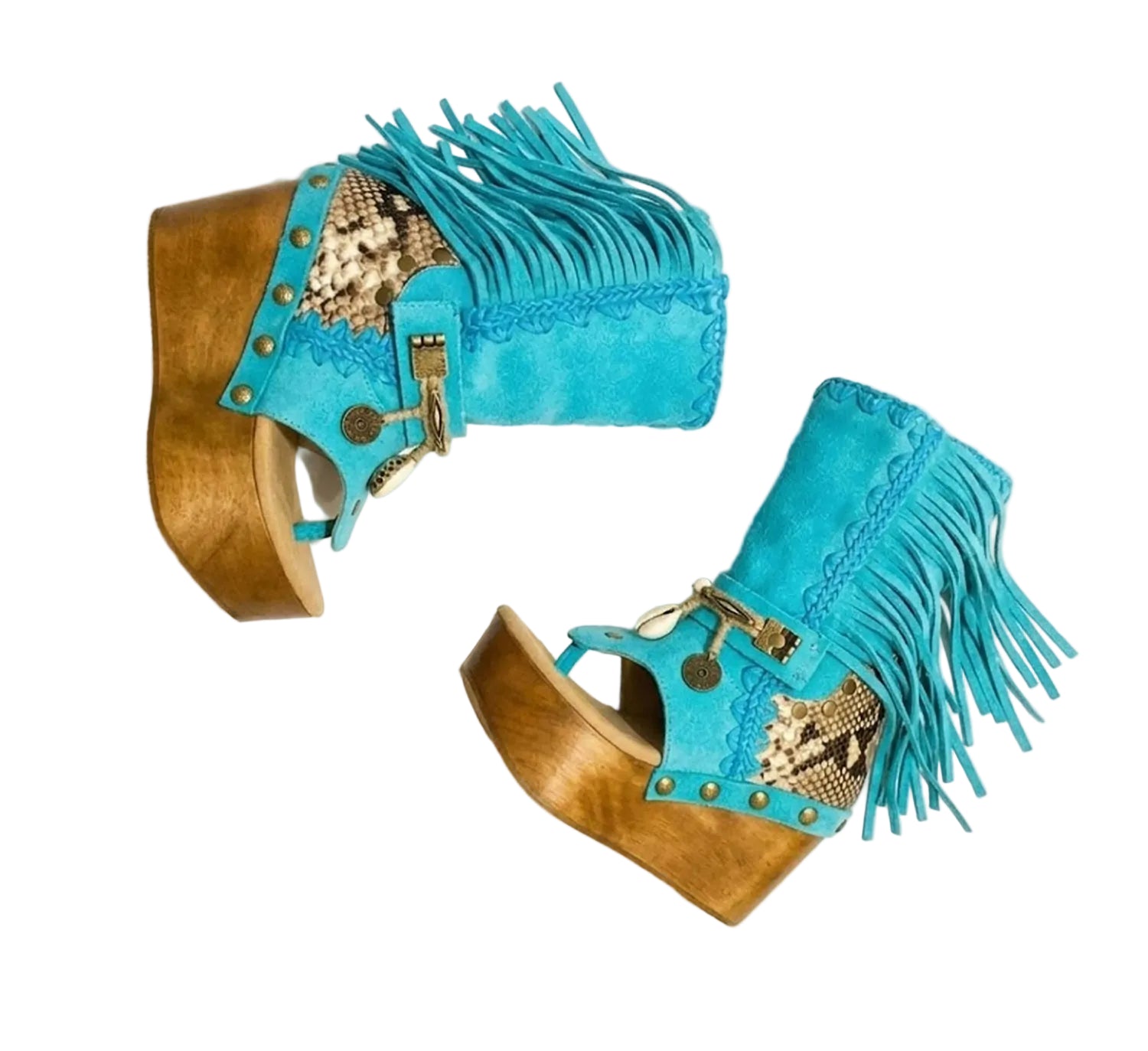 Handmade Atenea Turquoise Flip Flop Boots by Sol Caleyo, featuring vibrant turquoise suede, bohemian fringes, shell embellishments, and a tall wooden platform.