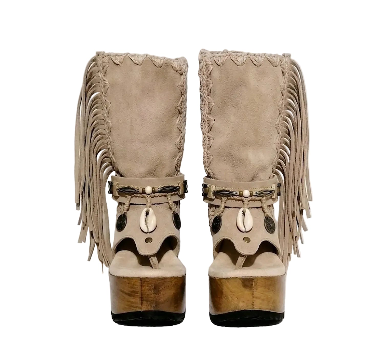 Atenea Flip Flop Boots by Sol Caleyo in neutral beige suede, featuring boho fringes, shell decorations, snake-print heel, and a tall wooden platform sole.