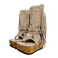 Atenea Flip Flop Boots by Sol Caleyo in neutral beige suede, featuring boho fringes, shell decorations, snake-print heel, and a tall wooden platform sole.