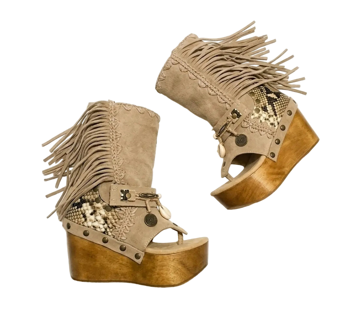 Atenea Flip Flop Boots by Sol Caleyo in neutral beige suede, featuring boho fringes, shell decorations, snake-print heel, and a tall wooden platform sole.