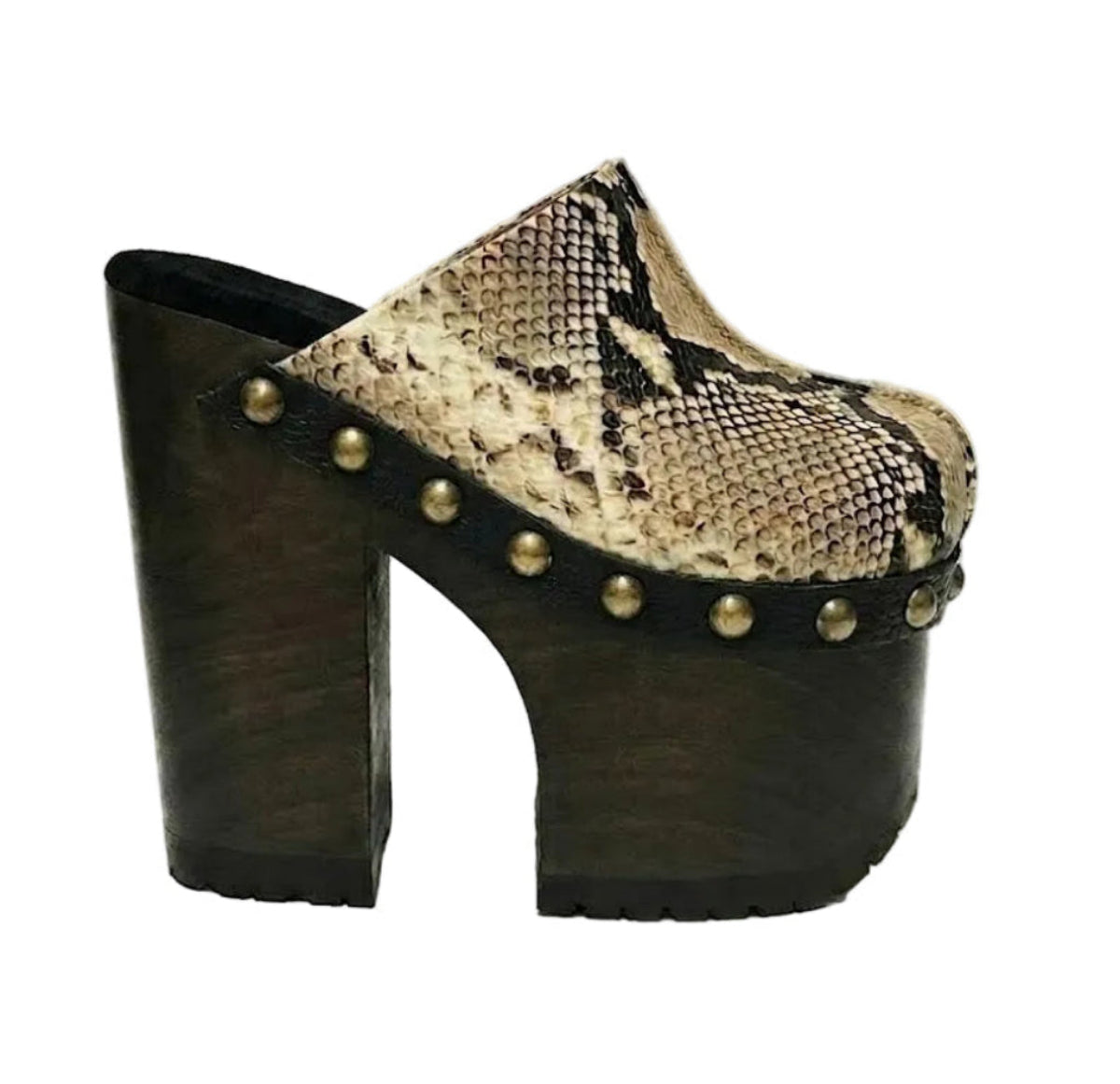 Handmade Tokio Snake Clogs by Sol Caleyo, featuring exotic python-print leather, an 18cm dark wenge-colored wooden platform, old gold-toned studs, and a black tractor sole on a white background.