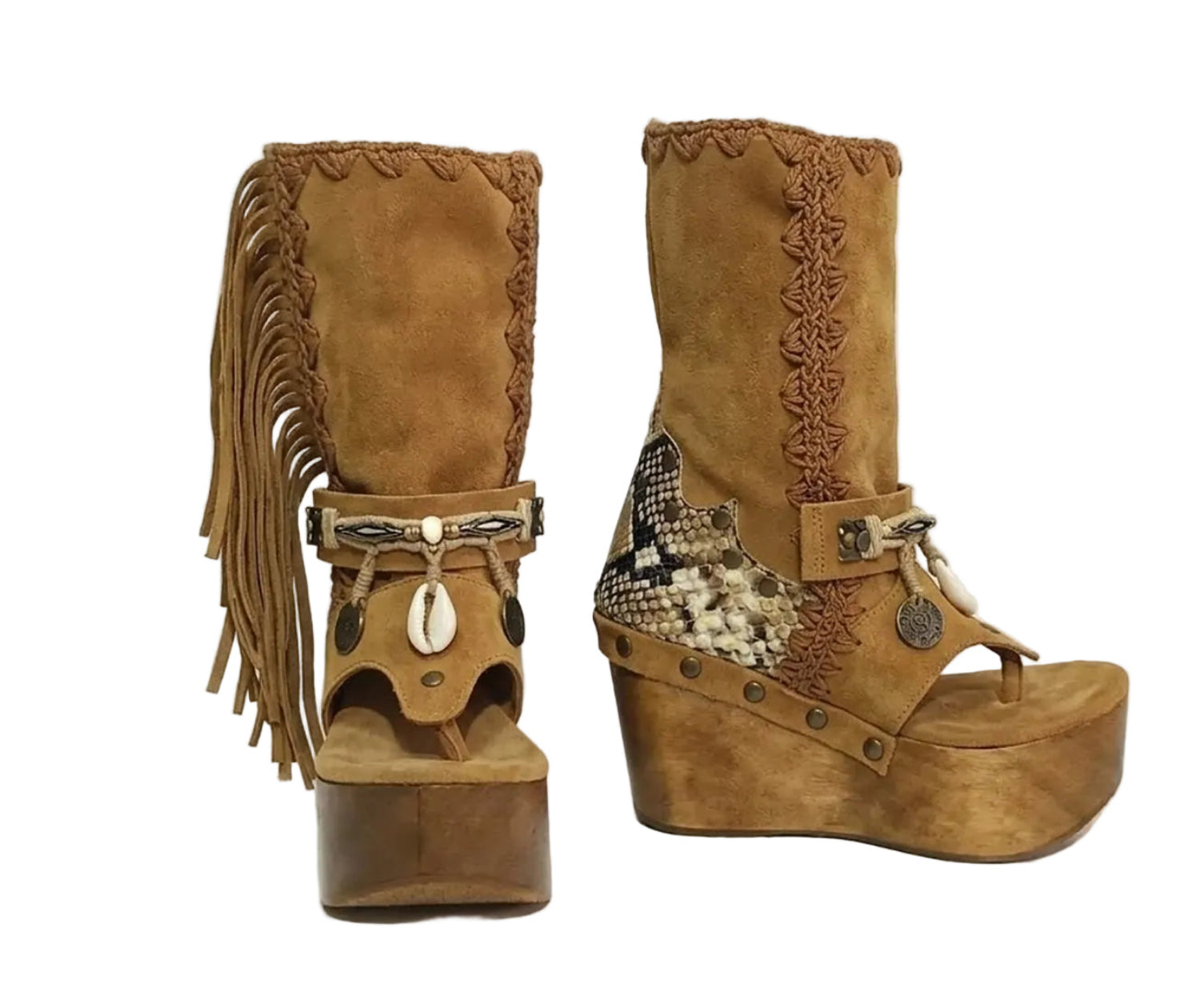 Handmade Atenea Camel Flip Flop Boots by Sol Caleyo, featuring warm camel-colored suede, bohemian fringes, shell embellishments, snake-print details, and a high wooden platform sole on a white background.