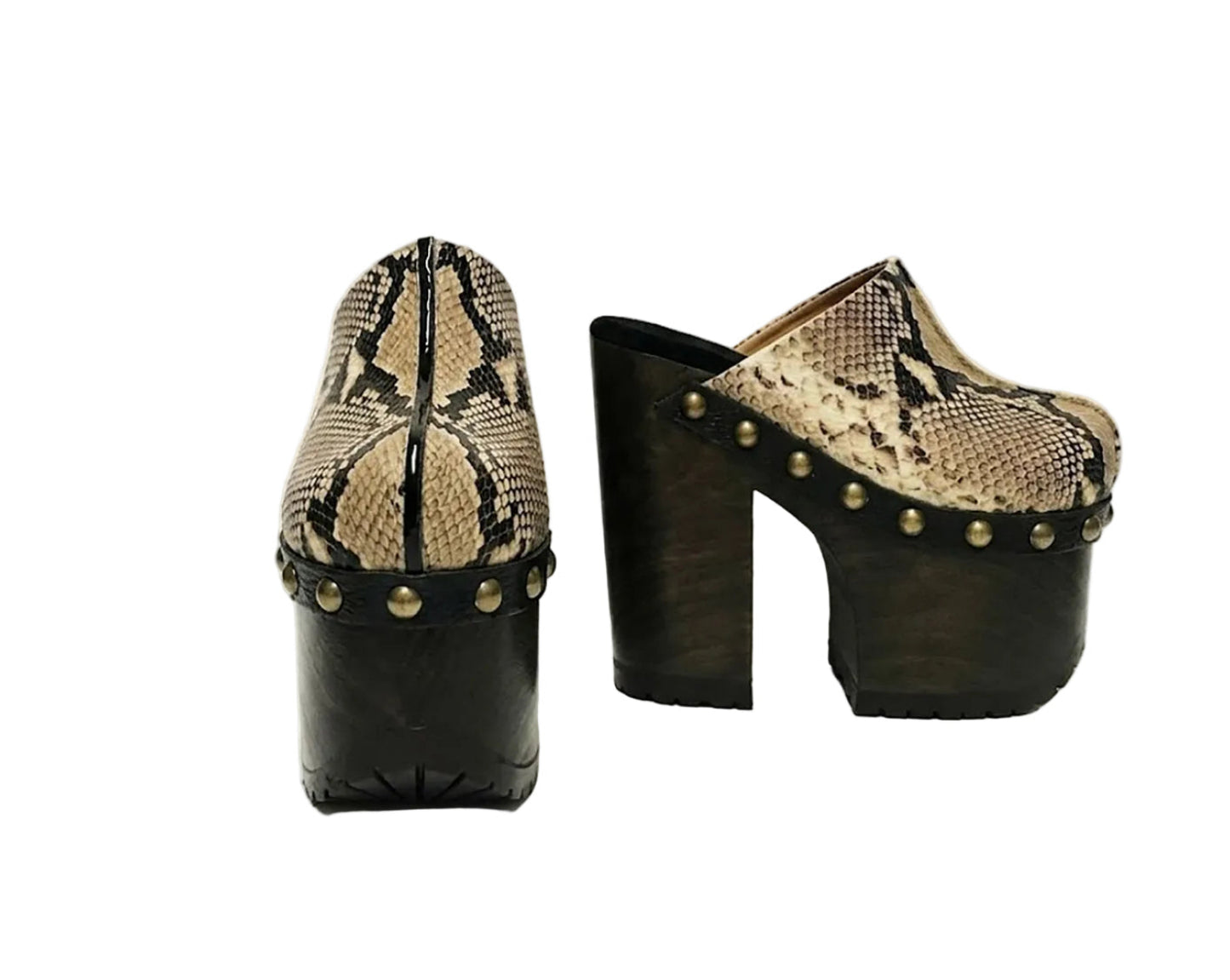 Handmade Tokio Snake Clogs by Sol Caleyo, featuring exotic python-print leather, an 18cm dark wenge-colored wooden platform, old gold-toned studs, and a black tractor sole on a white background.