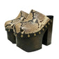 Handmade Tokio Snake Clogs by Sol Caleyo, featuring exotic python-print leather, an 18cm dark wenge-colored wooden platform, old gold-toned studs, and a black tractor sole on a white background.