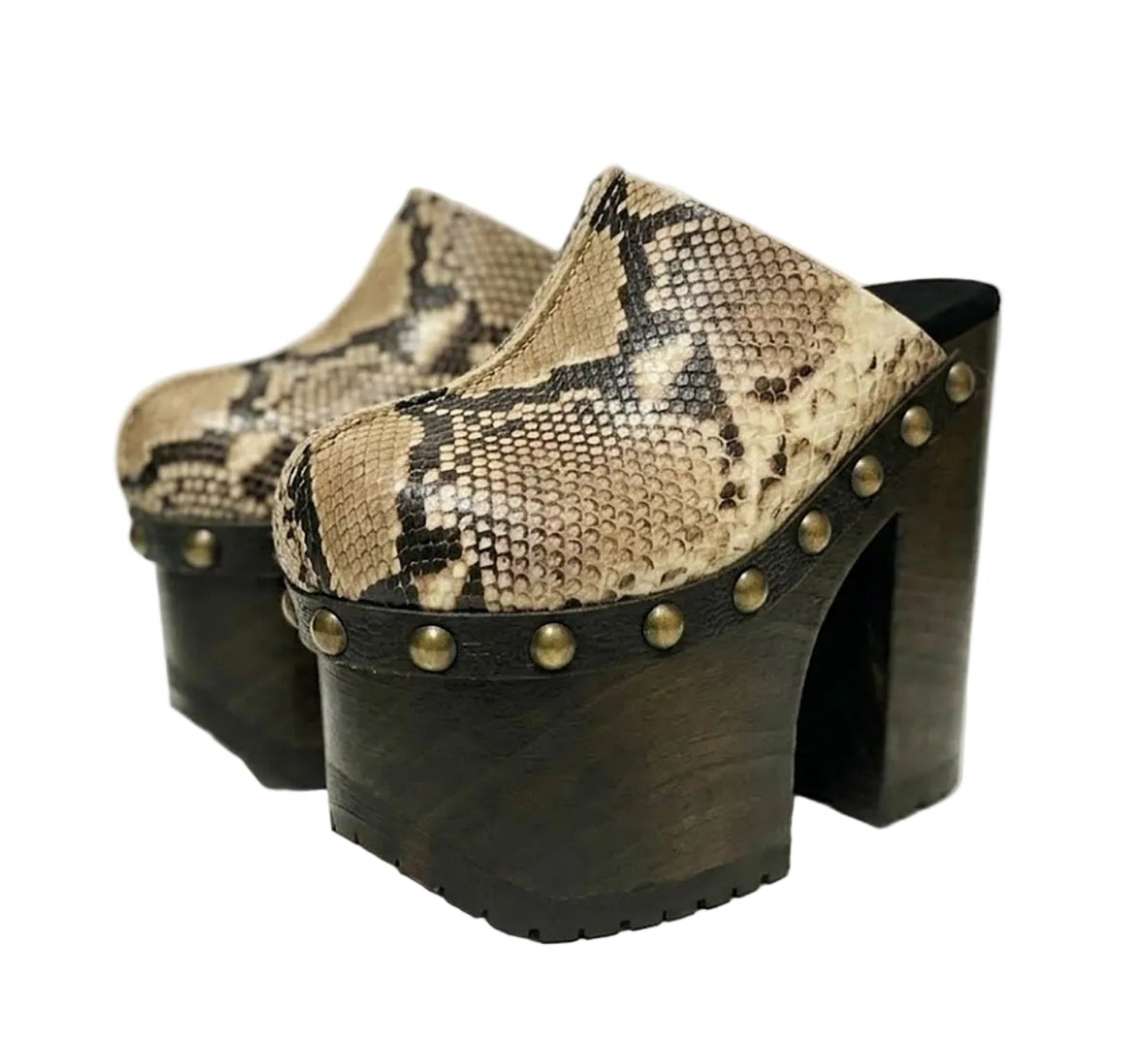 Handmade Tokio Snake Clogs by Sol Caleyo, featuring exotic python-print leather, an 18cm dark wenge-colored wooden platform, old gold-toned studs, and a black tractor sole on a white background.