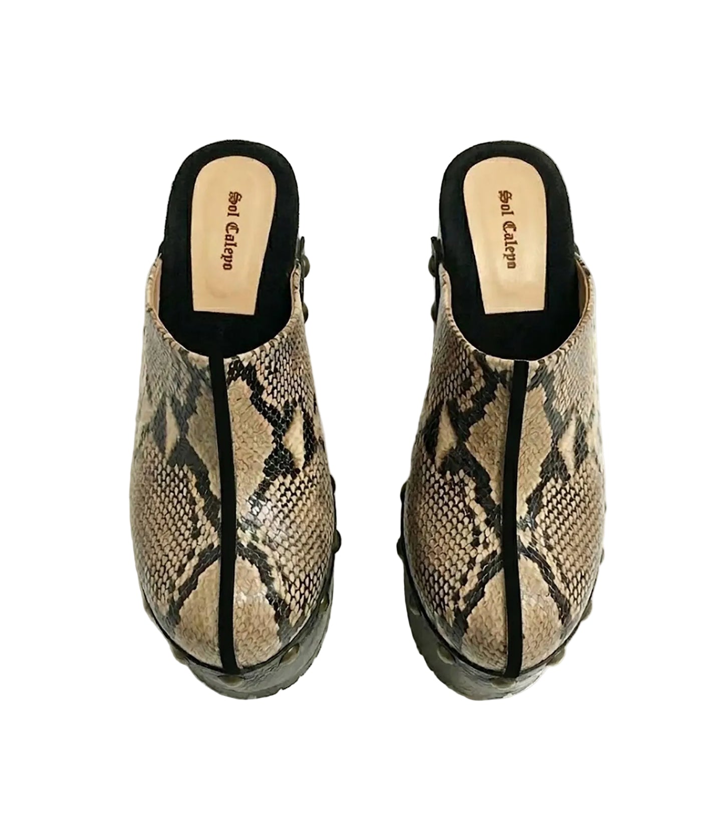 Handmade Tokio Snake Clogs by Sol Caleyo, featuring exotic python-print leather, an 18cm dark wenge-colored wooden platform, old gold-toned studs, and a black tractor sole on a white background.