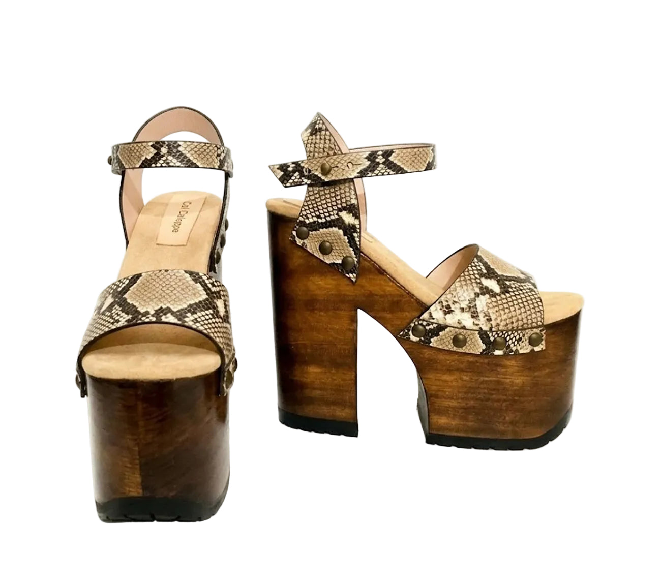Side view of Crazy Snake Sandals by Sol Caleyo, featuring a 17 cm wooden heel, python print leather, and gold stud details on a white background.