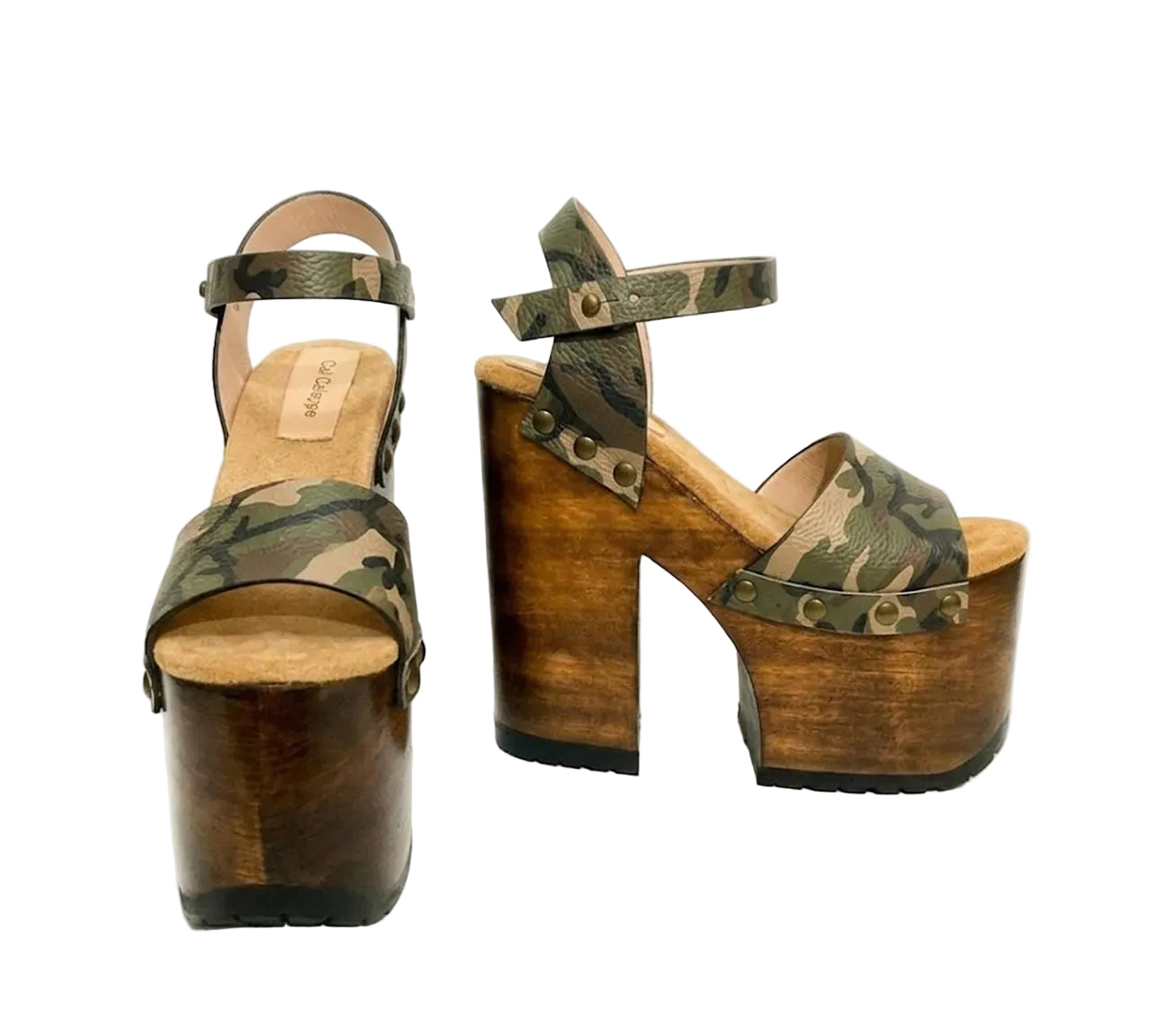 Side view of Crazy Armi Sandals by Sol Caleyo, featuring a 17 cm wooden heel, camouflage leather straps, and brass stud details on a white background.