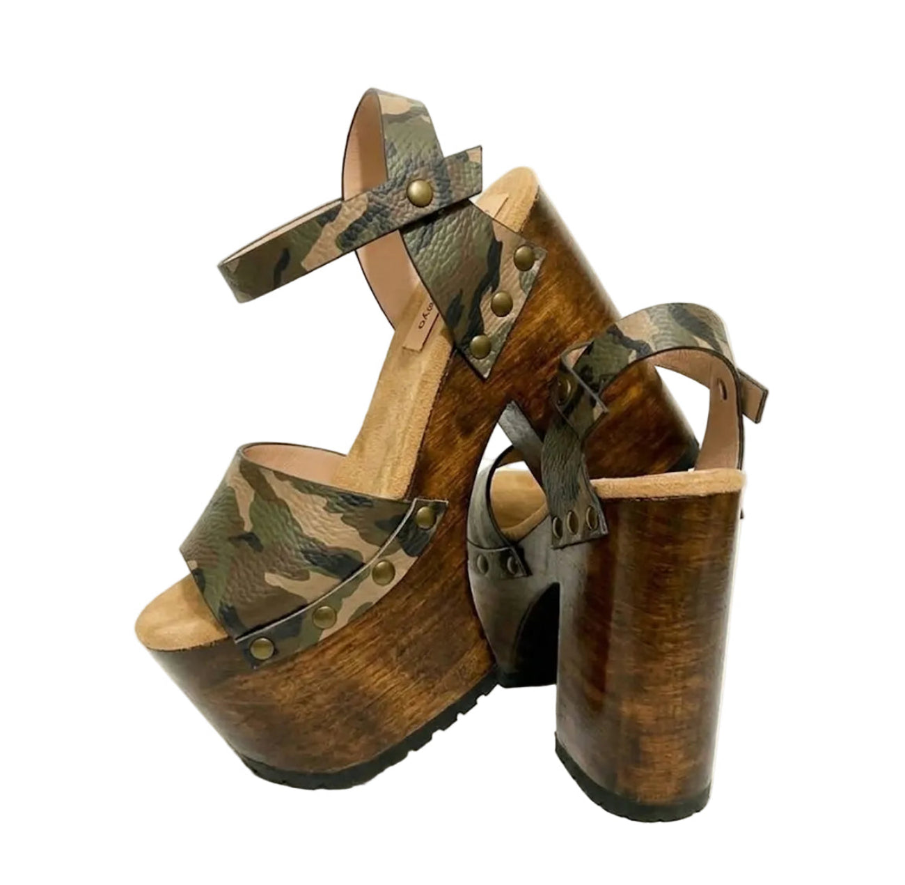 Side view of Crazy Armi Sandals by Sol Caleyo, featuring a 17 cm wooden heel, camouflage leather straps, and brass stud details on a white background.