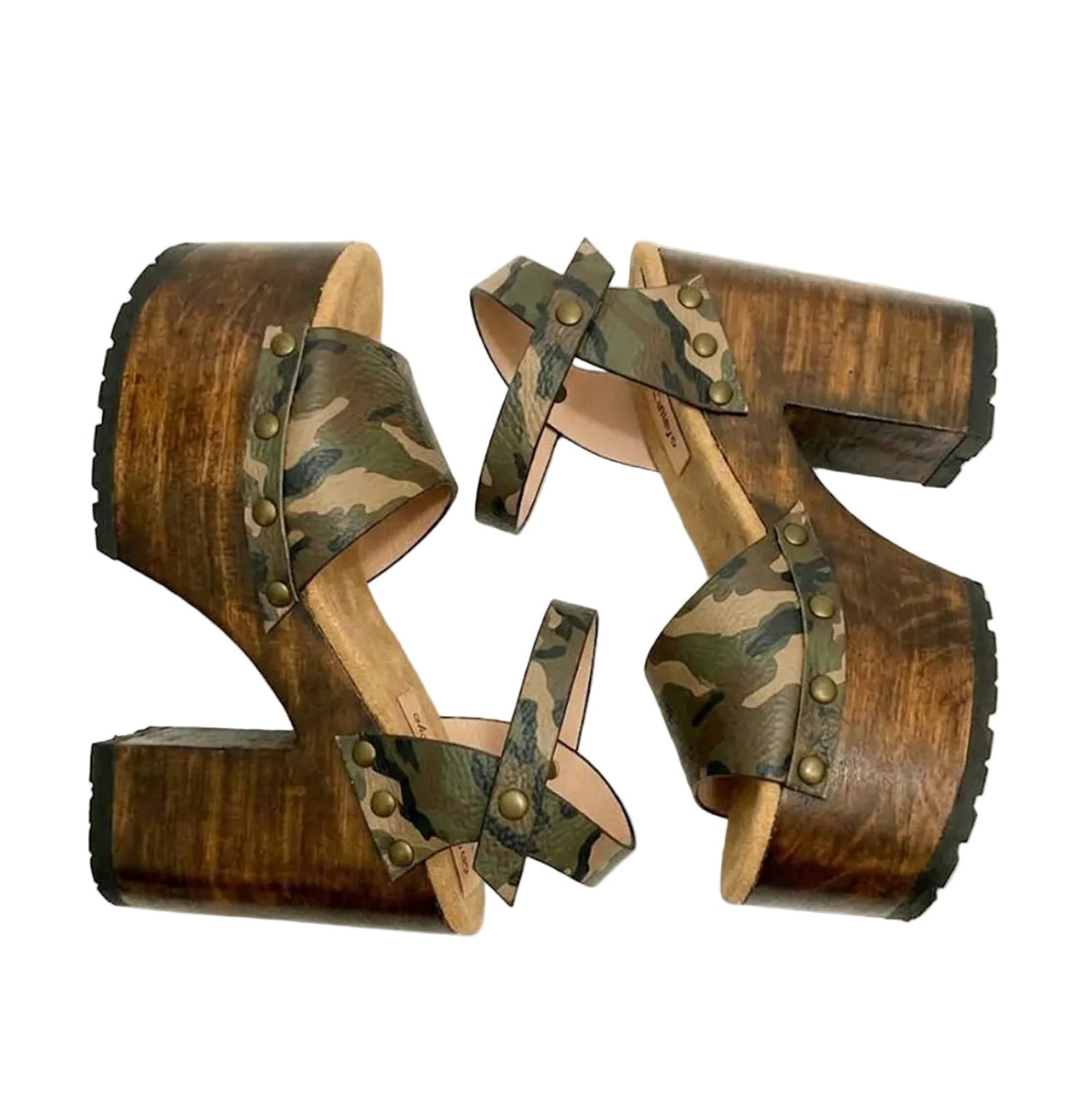 Side view of Crazy Armi Sandals by Sol Caleyo, featuring a 17 cm wooden heel, camouflage leather straps, and brass stud details on a white background.