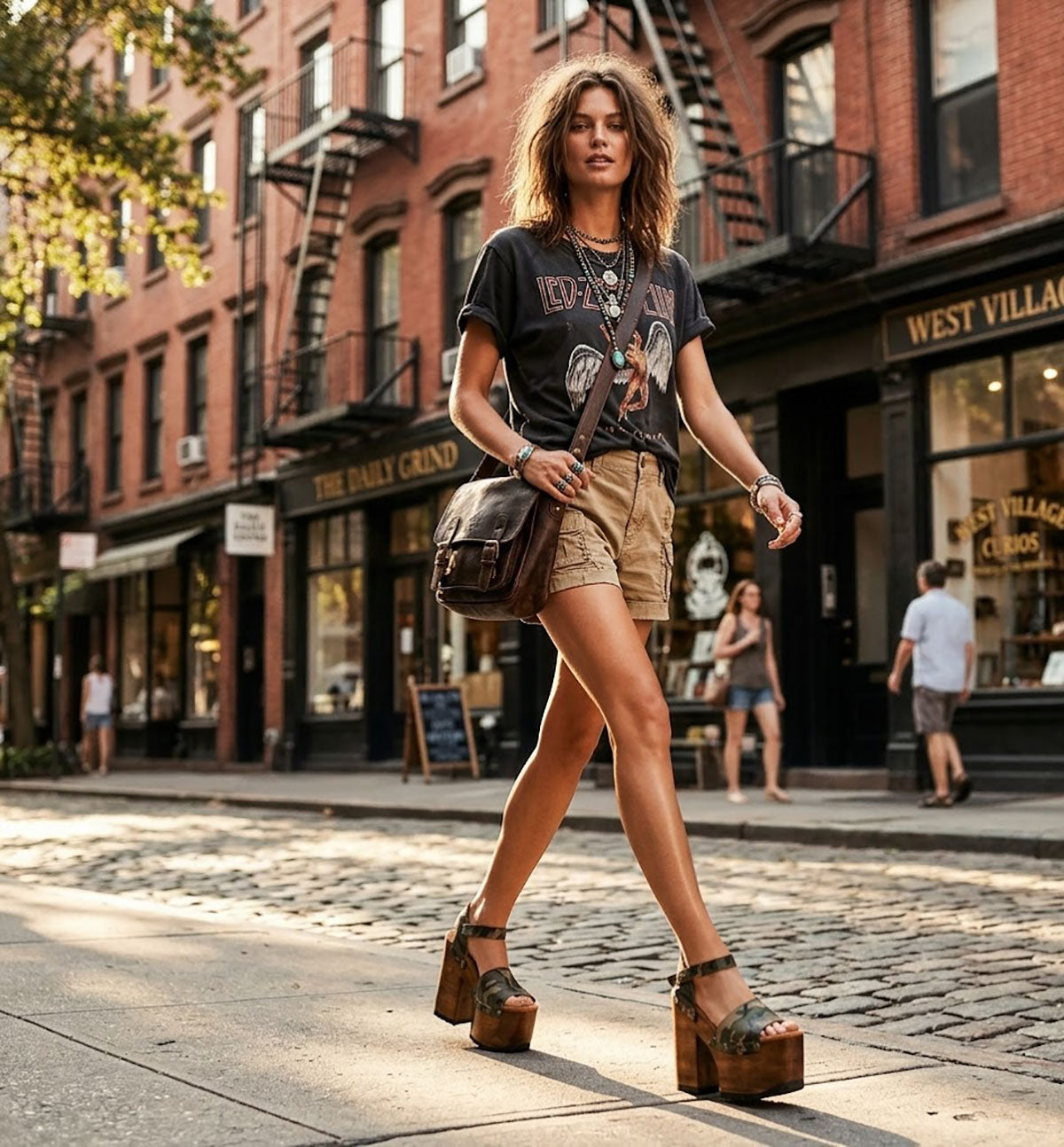 Modern camouflage platform sandals by Sol Caleyo, showcasing the 70s-style high wooden heel and tractor sole for an edgy, military-inspired look.