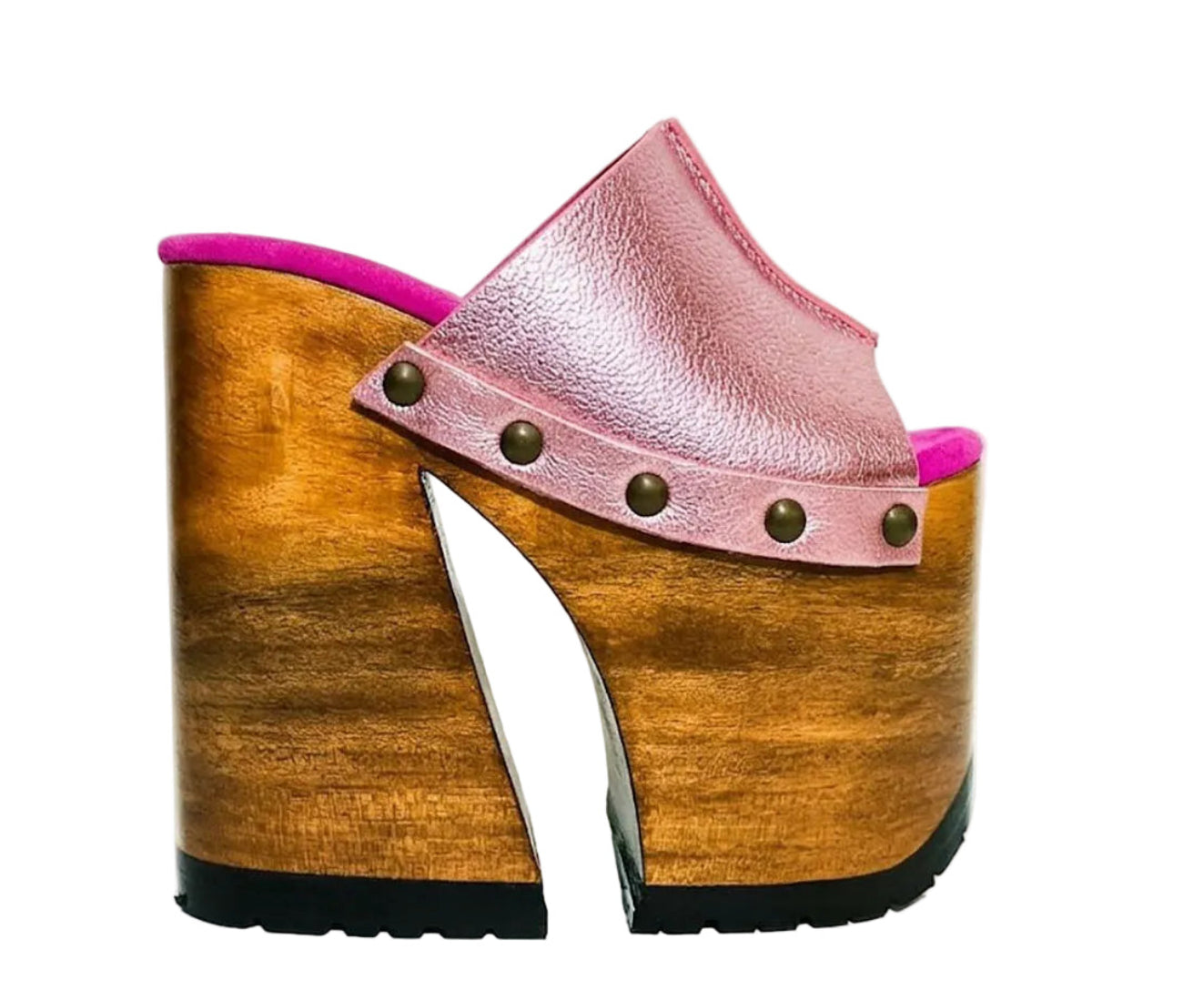 Side view of Sol Caleyo Pink Luxury Queen Sandals featuring metallic pink leather, bronze studs, and a high architectural wooden platform heel against a white background.