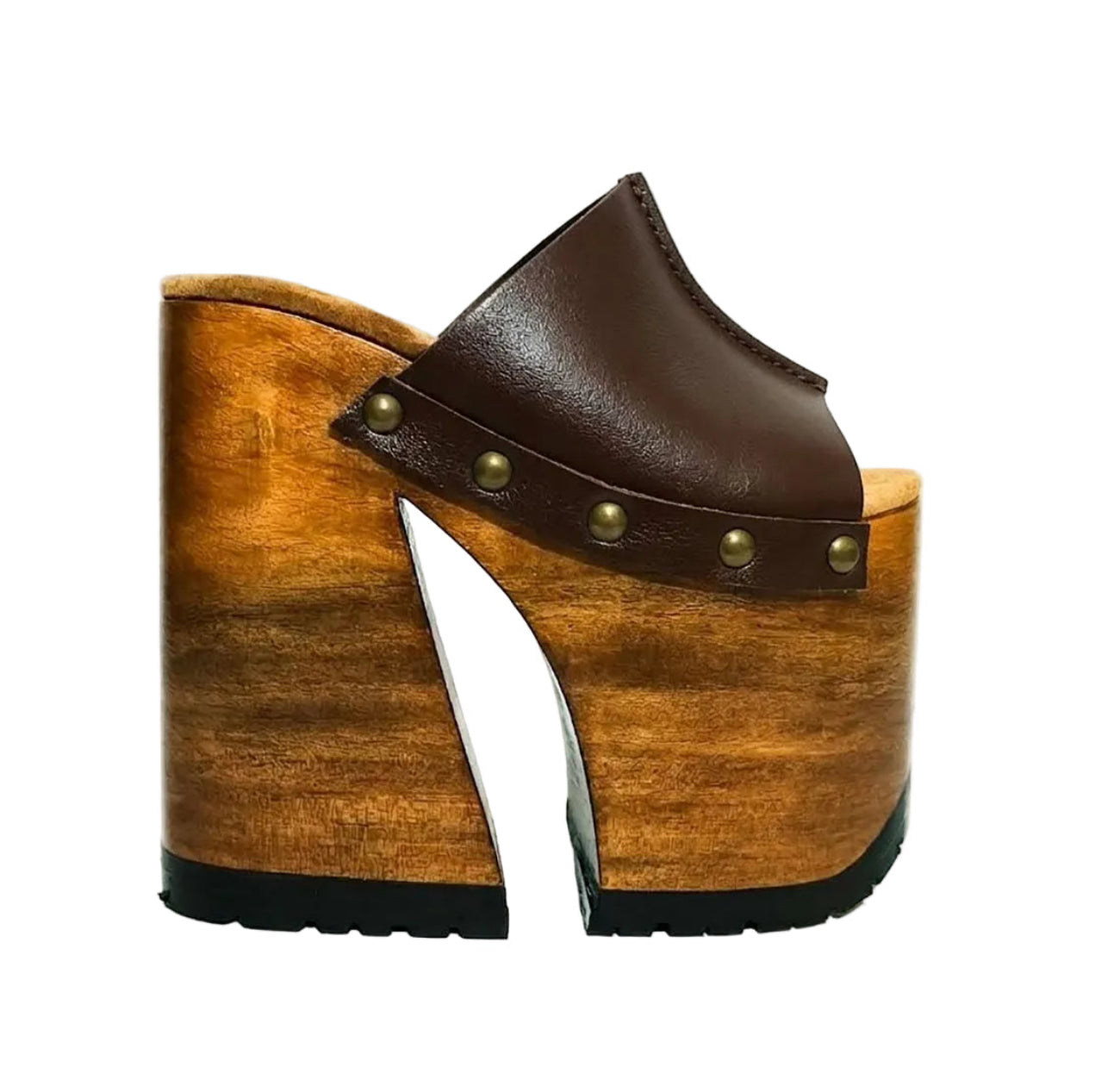 Side view of Sol Caleyo Brown Luxury Queen Sandals featuring deep brown leather, bronze studs, and a high architectural wooden platform heel against a white background.