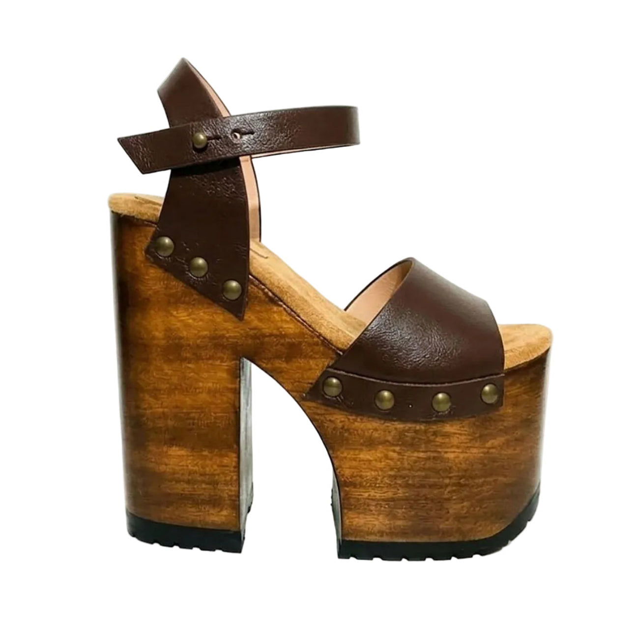 Side view of Sol Caleyo Crazy Brown Sandals featuring deep brown leather straps, ankle closure, and a 17 cm hand-carved wooden platform heel with bronze studs.