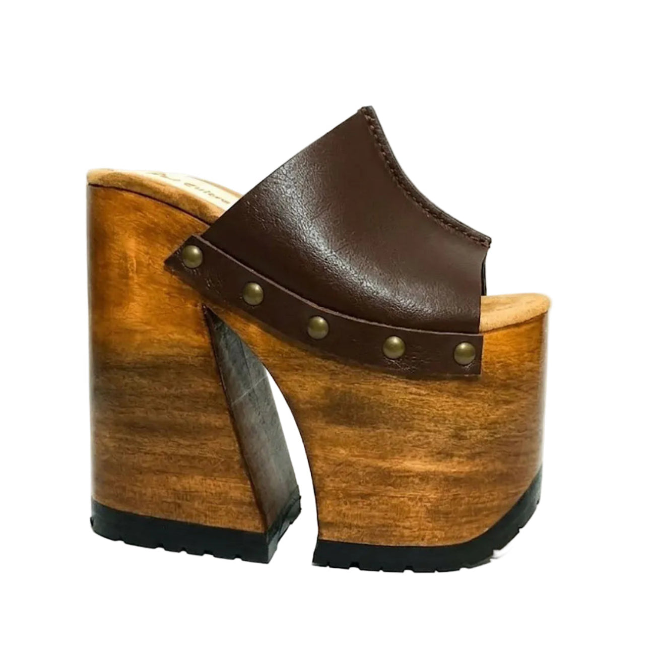 Side view of Sol Caleyo Brown Luxury Queen Sandals featuring deep brown leather, bronze studs, and a high architectural wooden platform heel against a white background.