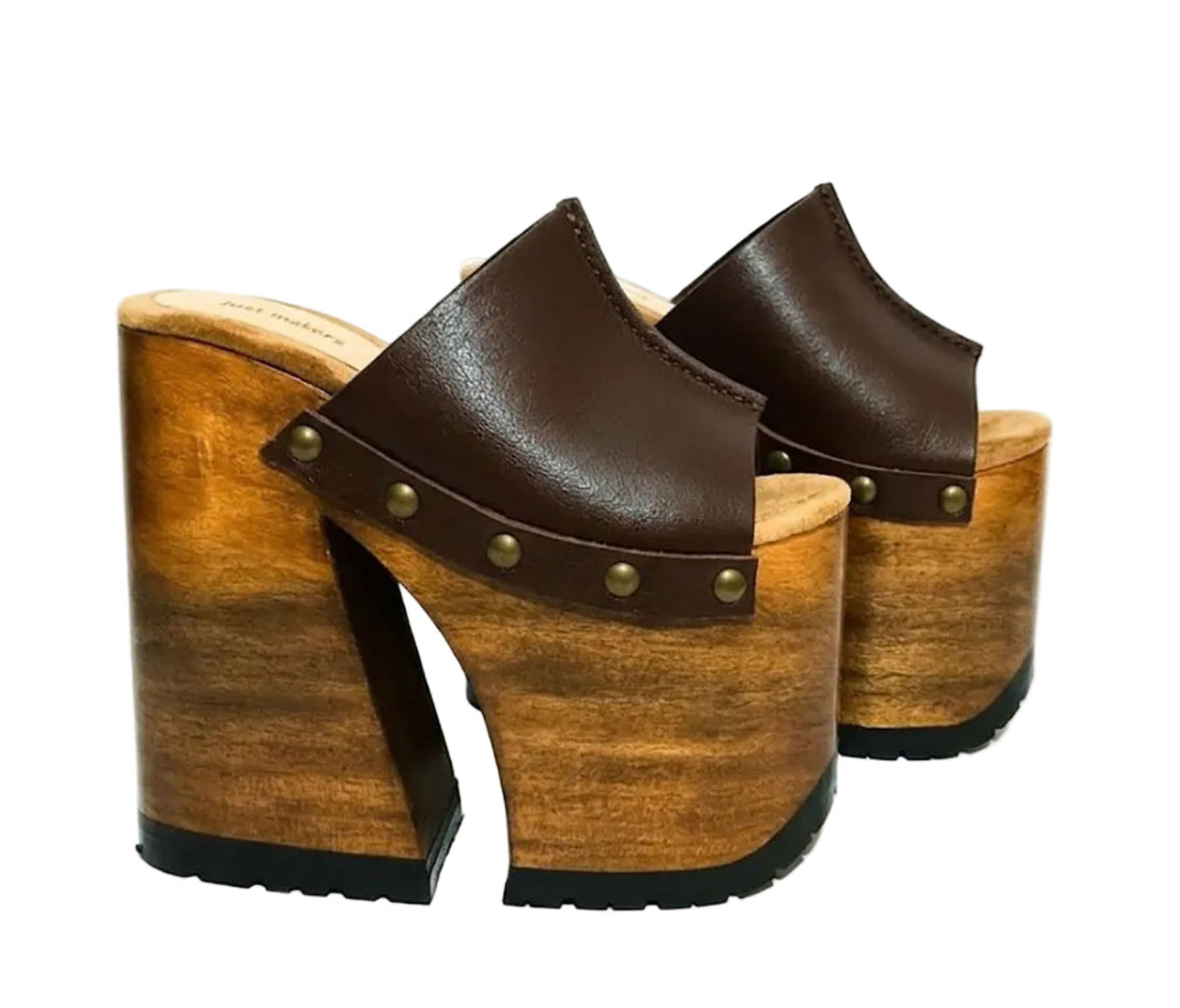 Side view of Sol Caleyo Brown Luxury Queen Sandals featuring deep brown leather, bronze studs, and a high architectural wooden platform heel against a white background.