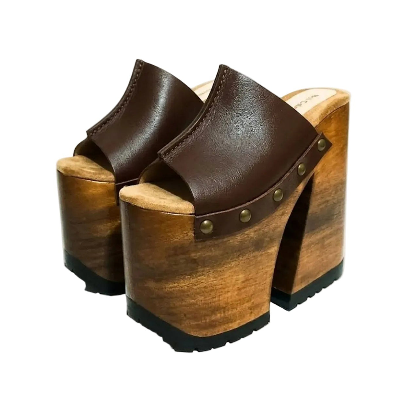 Side view of Sol Caleyo Brown Luxury Queen Sandals featuring deep brown leather, bronze studs, and a high architectural wooden platform heel against a white background.