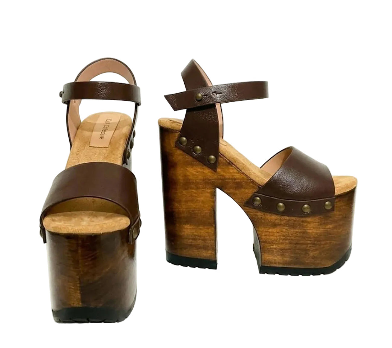 Side view of Sol Caleyo Crazy Brown Sandals featuring deep brown leather straps, ankle closure, and a 17 cm hand-carved wooden platform heel with bronze studs.