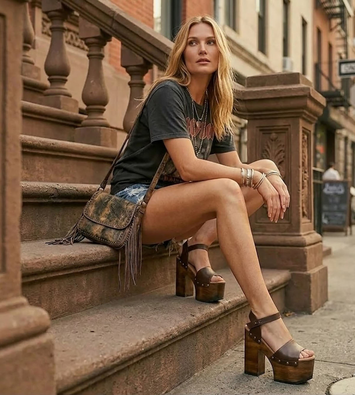 Model wearing the Crazy Brown Sandals by Sol Caleyo, highlighting the secure ankle strap and the dramatic height of the dark wood platform for a bold, artisanal look.