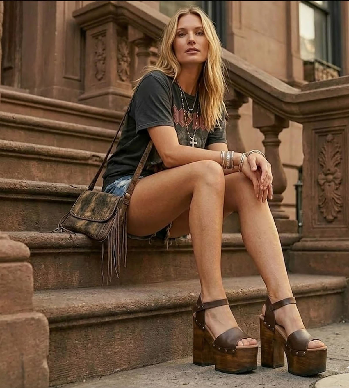 Model wearing the Crazy Brown Sandals by Sol Caleyo, highlighting the secure ankle strap and the dramatic height of the dark wood platform for a bold, artisanal look.