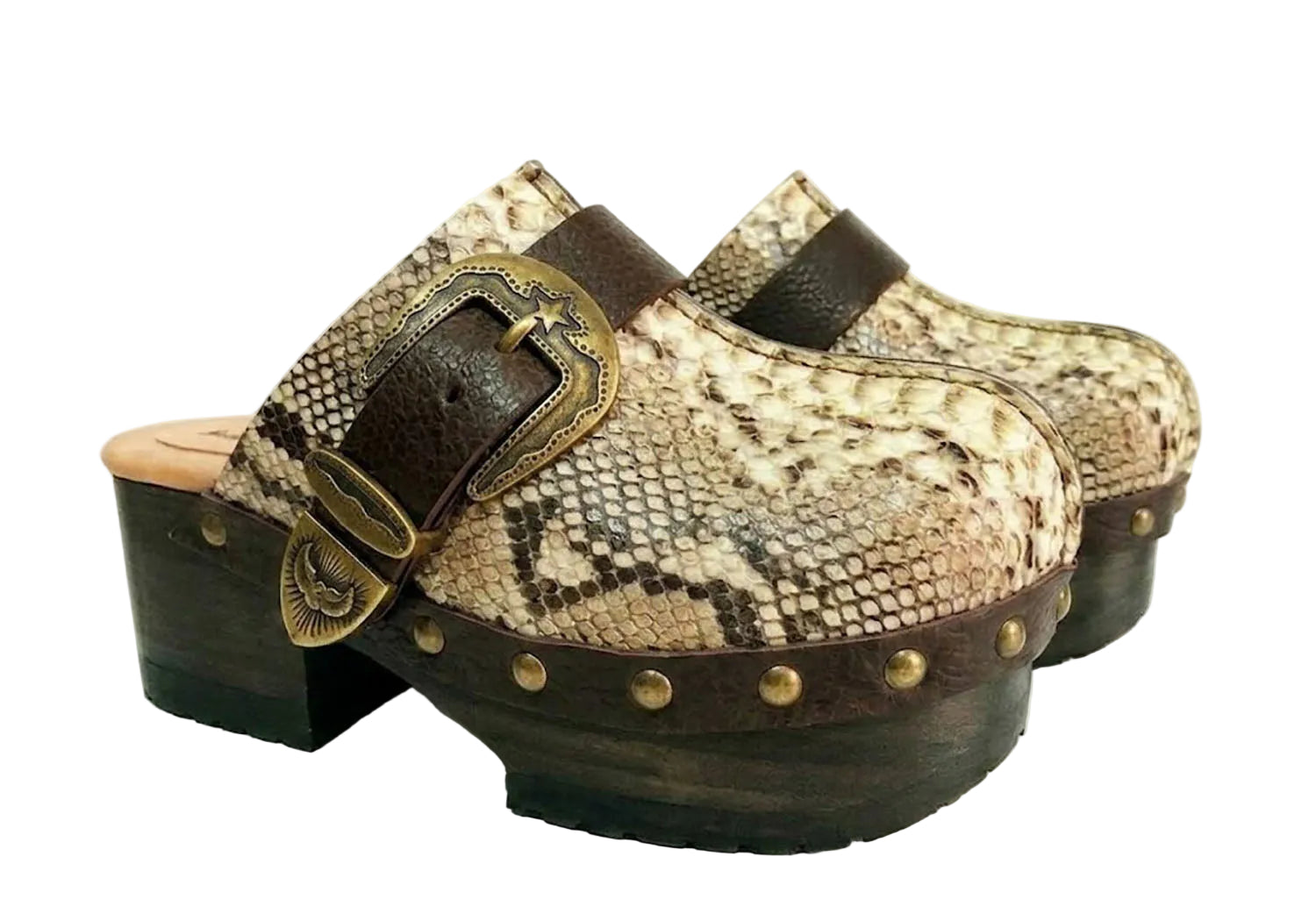 Handmade snake print leather clogs with brown leather strap and antique gold buckle on a wooden platform sole.