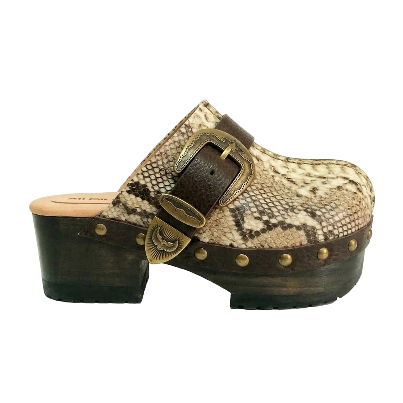 Handmade snake print leather clogs with brown leather strap and antique gold buckle on a wooden platform sole.