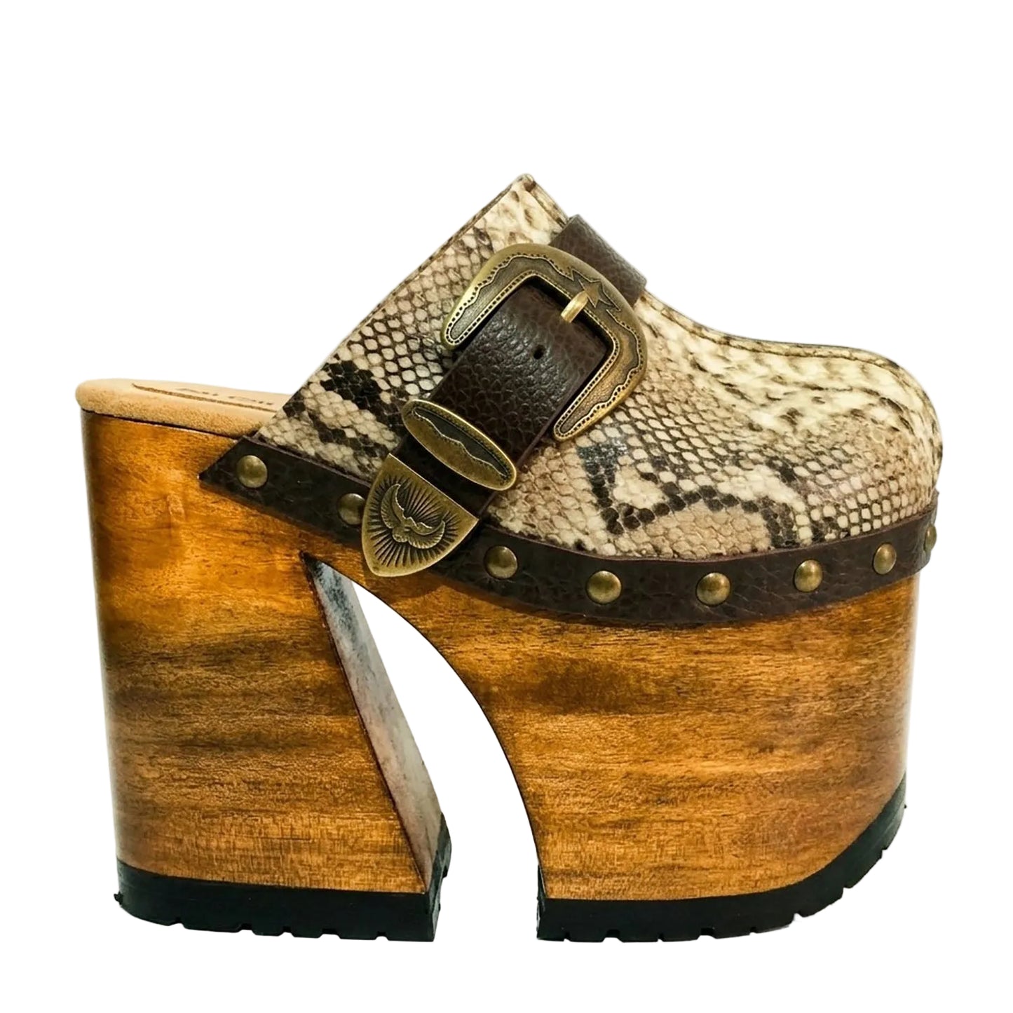 Profile view of Route 66 XL Snake Natural clogs with 17cm natural wood platform heel, snake print leather, and antique brass buckle.