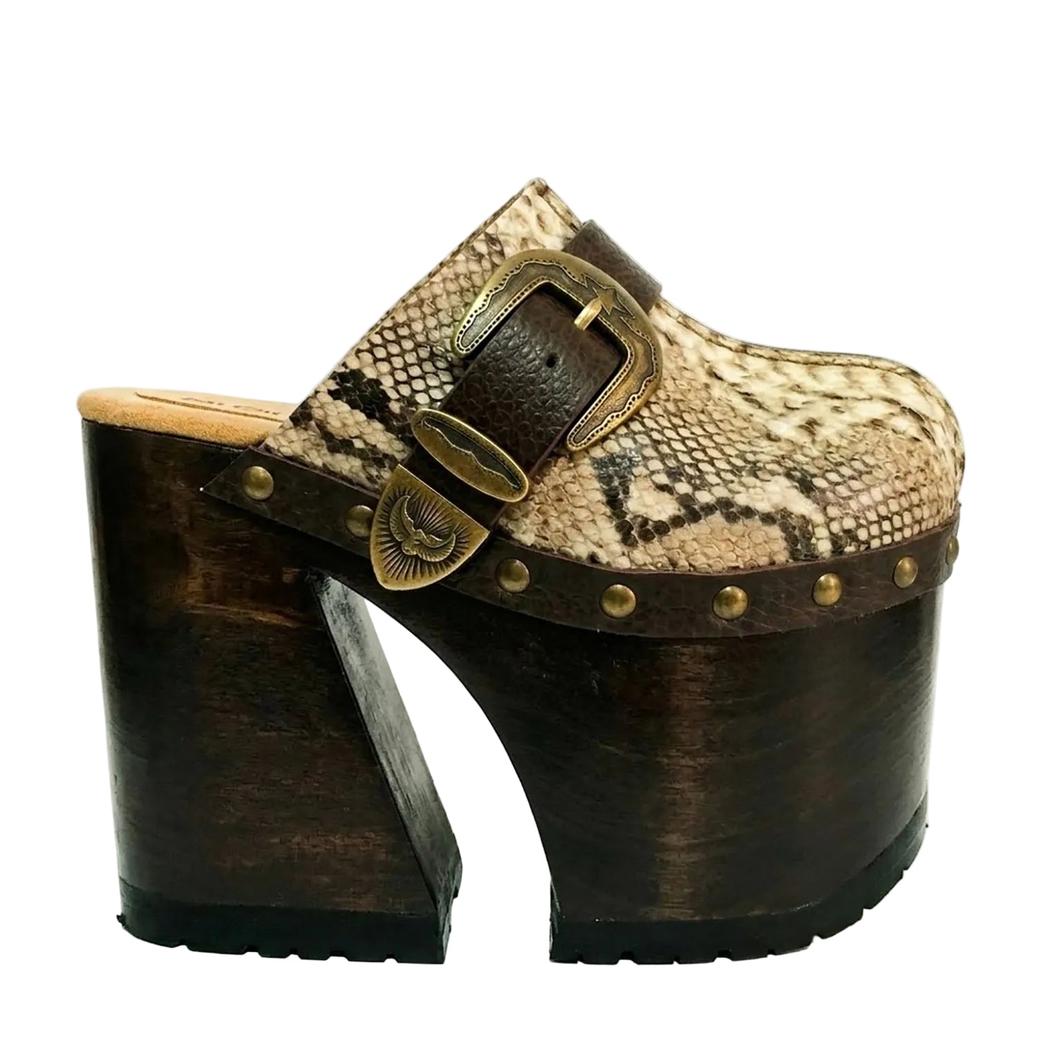 High-angle view of Route 66 XL snake print leather clogs featuring an extreme 17cm wooden heel and 11cm platform.