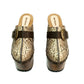 Profile view of Route 66 XL Snake Natural clogs with 17cm natural wood platform heel, snake print leather, and antique brass buckle.
