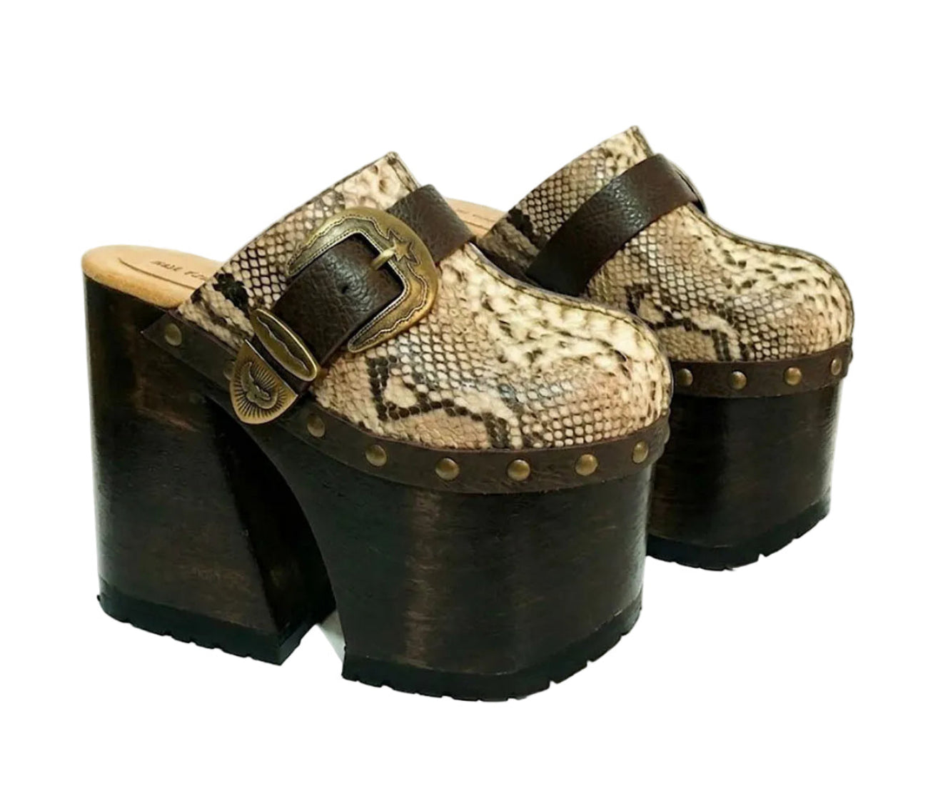 High-angle view of Route 66 XL snake print leather clogs featuring an extreme 17cm wooden heel and 11cm platform.