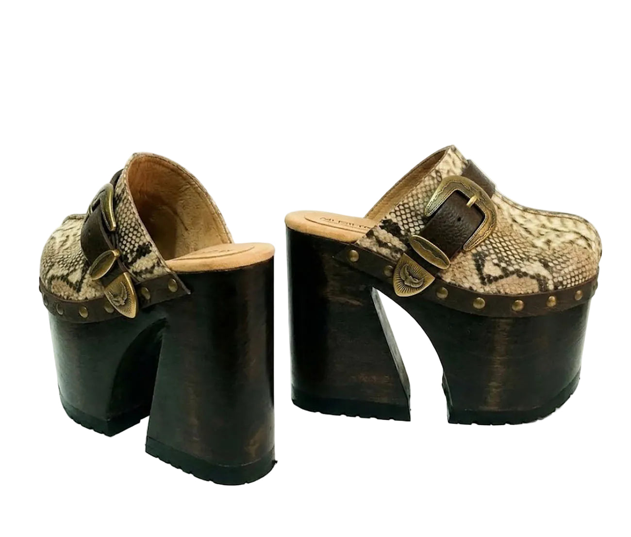 High-angle view of Route 66 XL snake print leather clogs featuring an extreme 17cm wooden heel and 11cm platform.