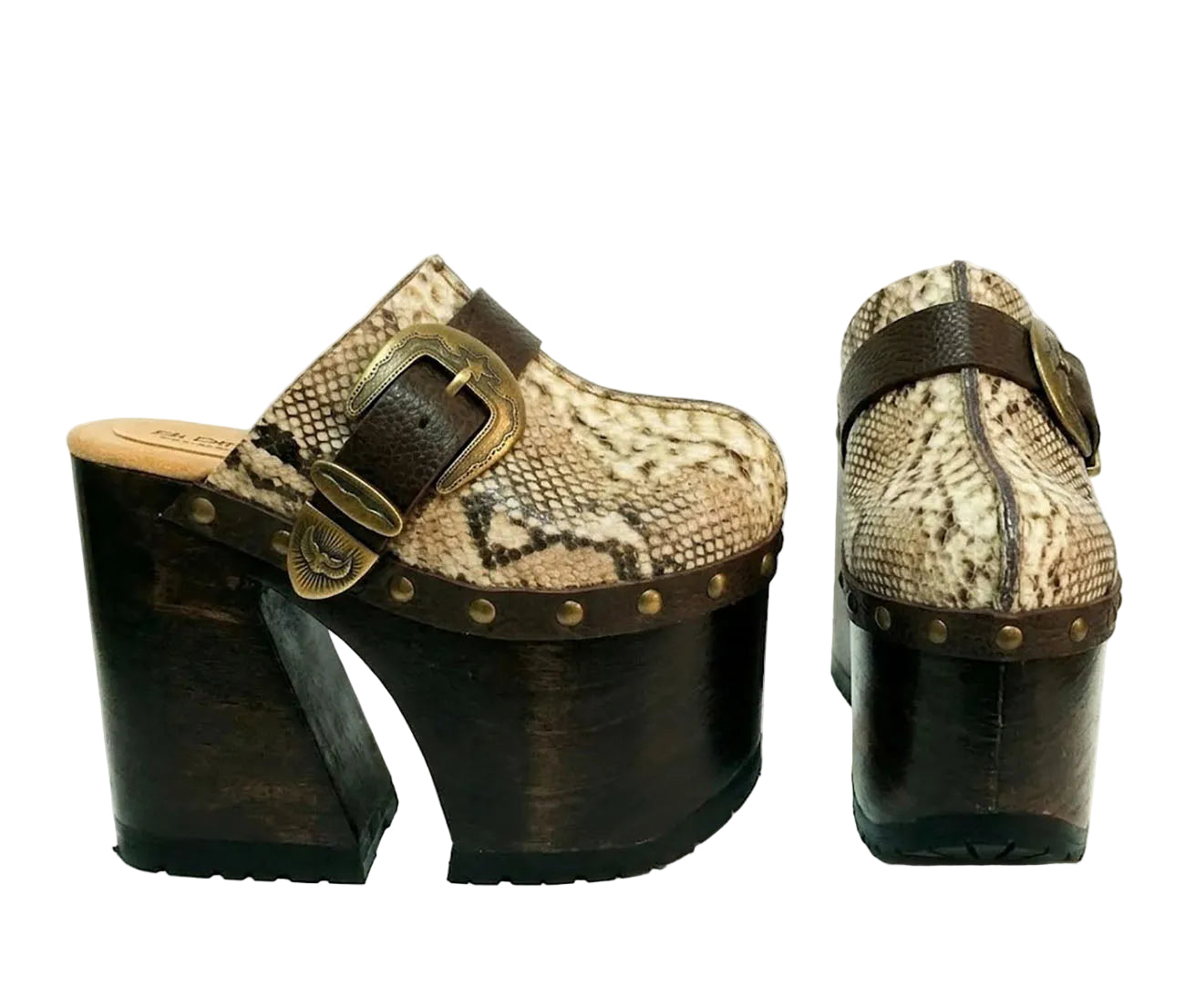 High-angle view of Route 66 XL snake print leather clogs featuring an extreme 17cm wooden heel and 11cm platform.