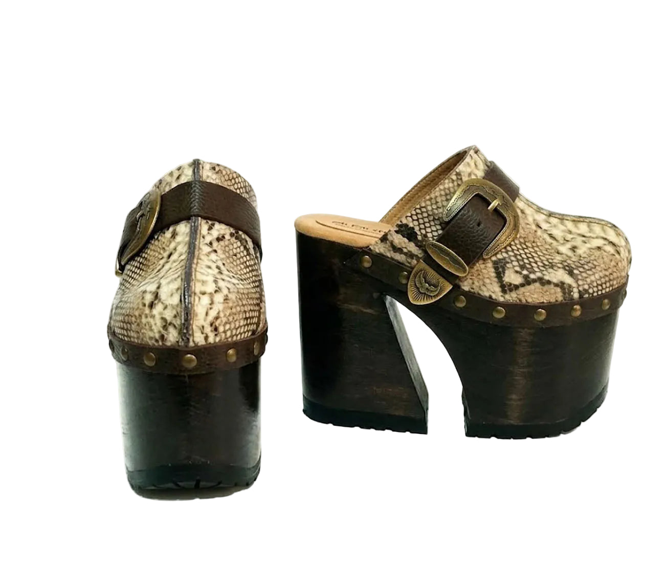 High-angle view of Route 66 XL snake print leather clogs featuring an extreme 17cm wooden heel and 11cm platform.