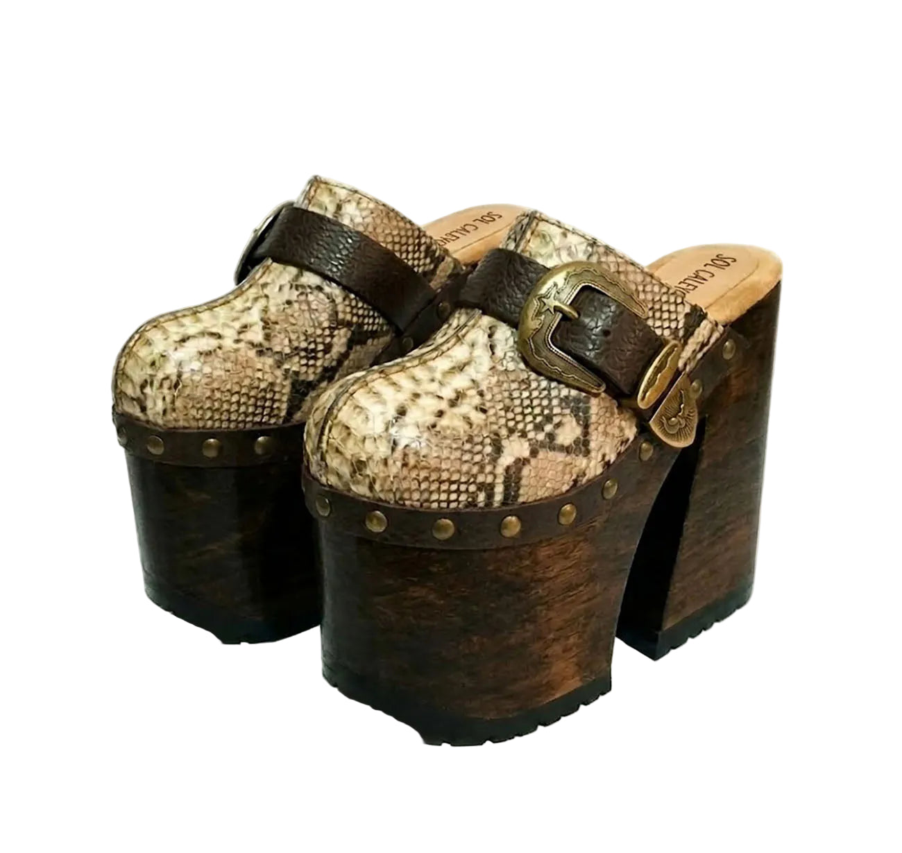 High-angle view of Route 66 XL snake print leather clogs featuring an extreme 17cm wooden heel and 11cm platform.
