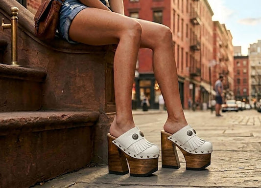 Close-up of a model wearing Sol Caleyo White Indian Clogs XL with 17cm heels and metal conchos, styled with denim shorts in an urban setting.
