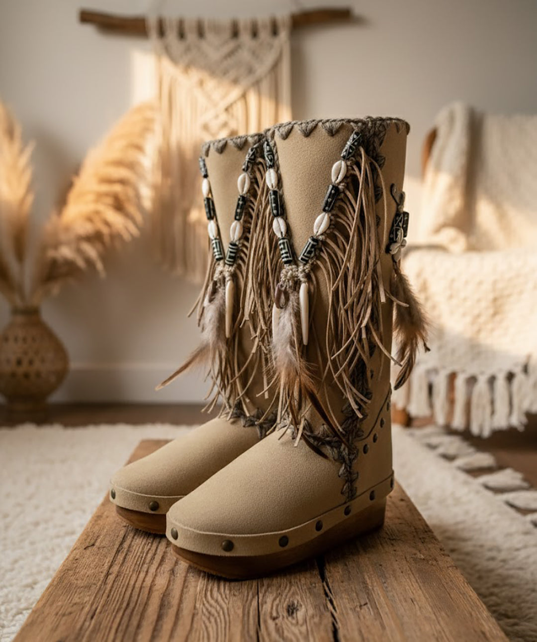 Wooden clog boot. Suede leather boot decorated with fringes, natural shells, feathers, horns and hand painted buffalo. Bohemian style boot with wooden wedge. Sizes 34 to 47. High quality leather footwear handmade by sol Caleyo. Sustainable fashion.
