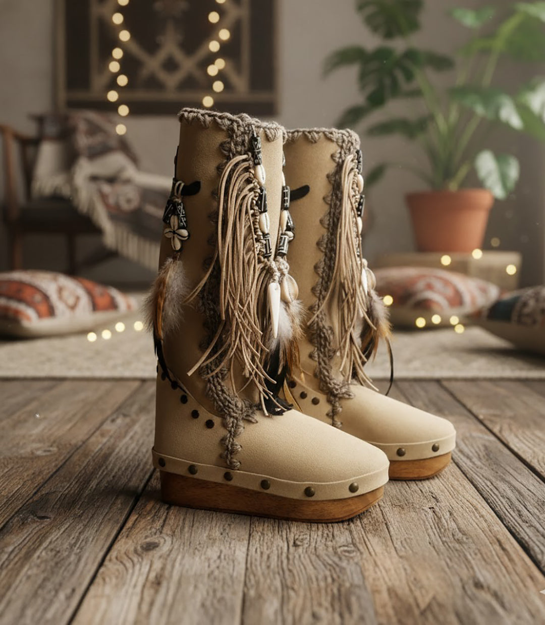 Wooden clog boot. Suede leather boot decorated with fringes, natural shells, feathers, horns and hand painted buffalo. Bohemian style boot with wooden wedge. Sizes 34 to 47. High quality leather footwear handmade by sol Caleyo. Sustainable fashion.