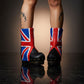 Handmade leather clog boots with England flag design and wooden platform sole by Sol Caleyo.