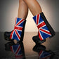 Handmade leather clog boots with England flag design and wooden platform sole by Sol Caleyo.