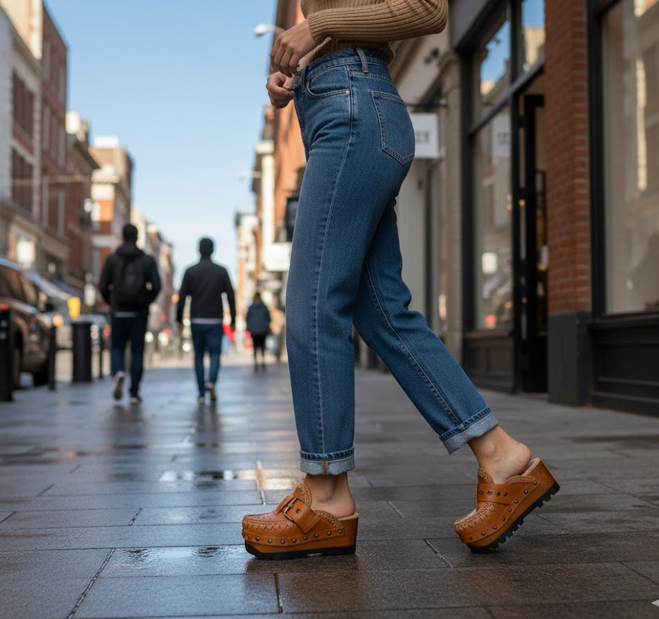 Light brown leather oxford style clogs. Oxford style leather mules. Mules with wooden wedge. High quality handmade shoes by Sol Caleyo.