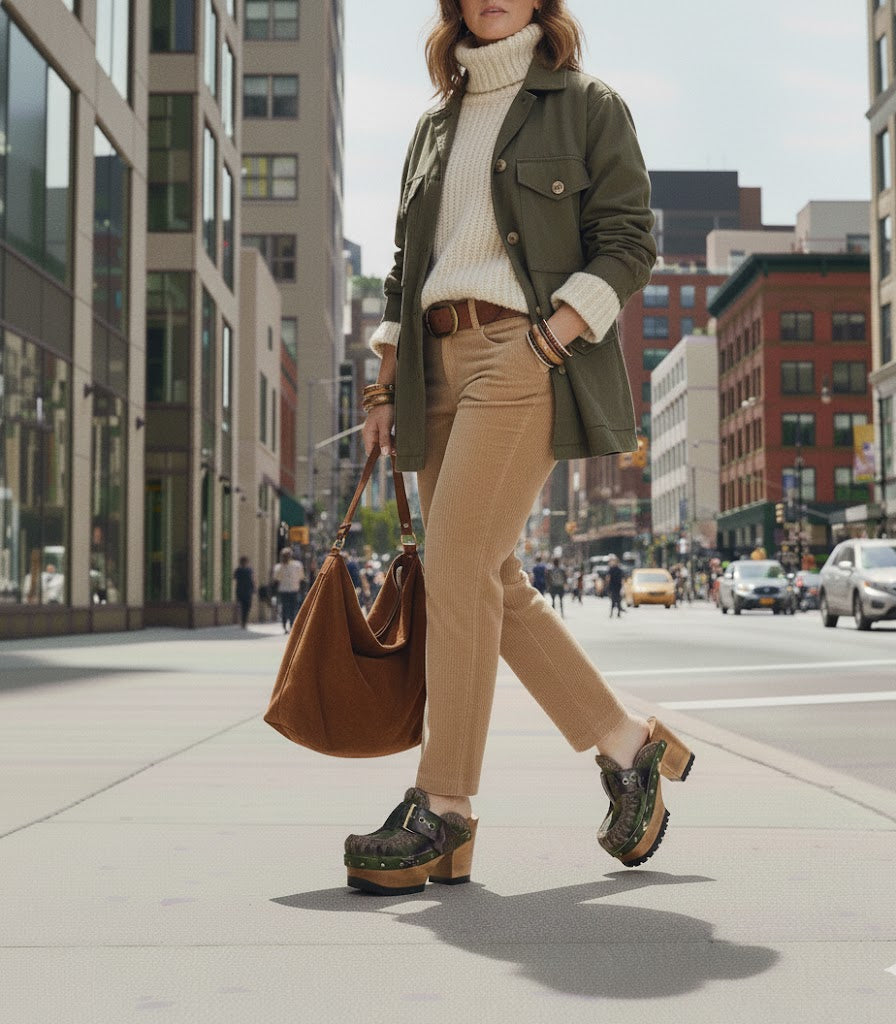 Oxford style clogs in military leather. Oxford style mule clogs. Heeled clogs in military leather. High quality handmade shoes by Sol Caleyo.