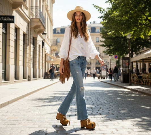 Bohemian style clogs, natural shell accessories, leather clogs decorated with feathers and natural shells. Boho style leather clogs. High-end handmade footwear by Sol Caleyo.
