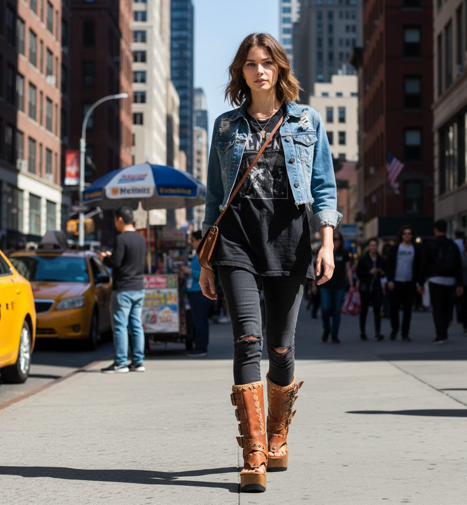 Leather biker style boots. Thong style boot. Thong sandal with wooden wedge. High-end footwear handmade by Sol Caleyo