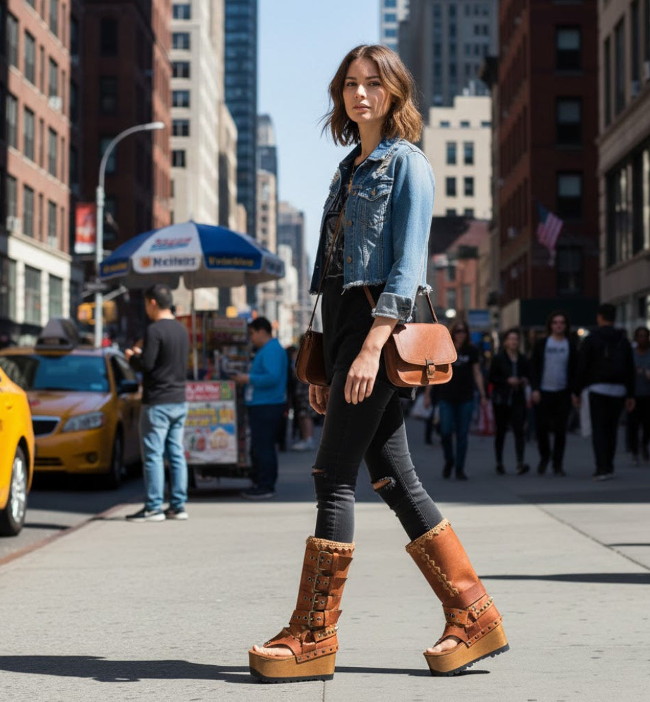 Leather biker style boots. Thong style boot. Thong sandal with wooden wedge. High-end footwear handmade by Sol Caleyo